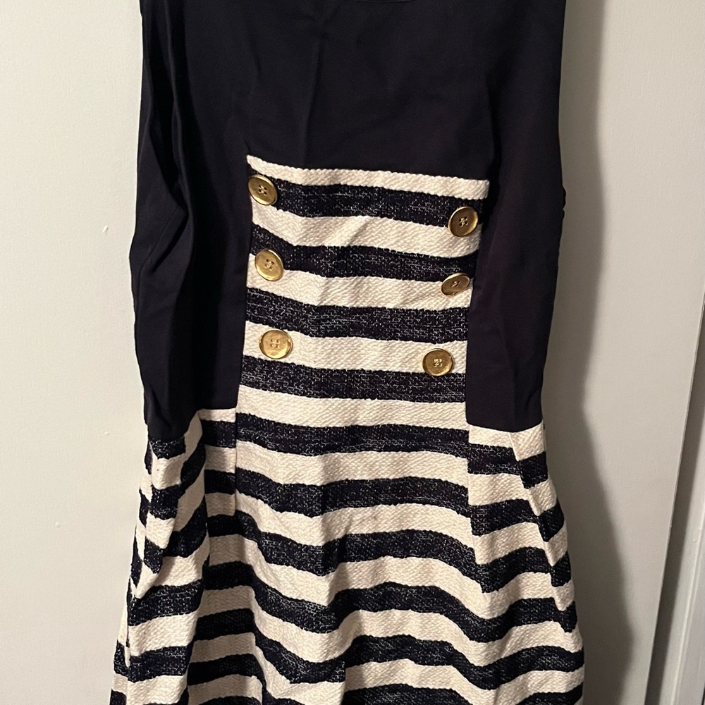 Eva Franco Black and Cream Striped Dress with Gold Accents